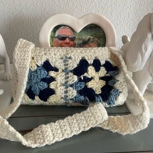 Handcrafted Crochet Bag - Cream and Blue